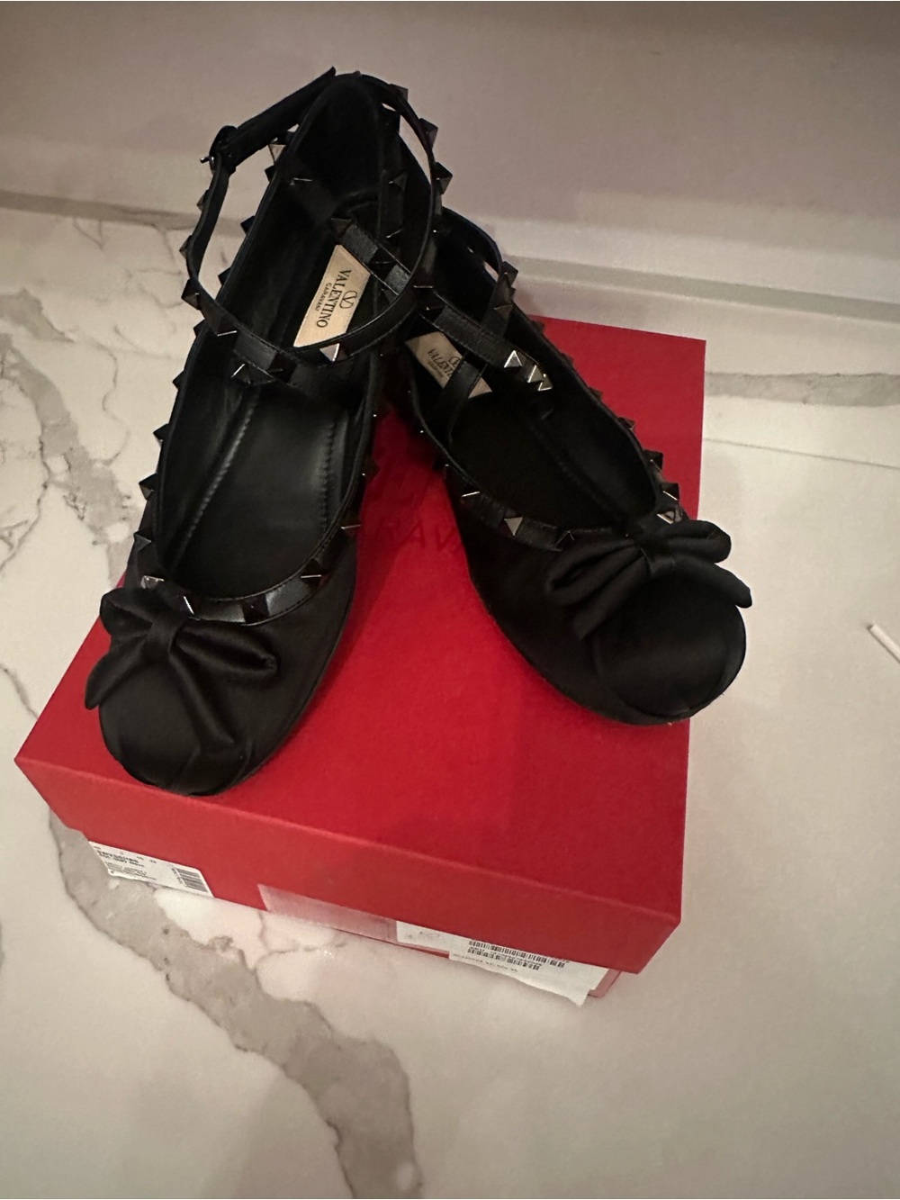 Valentino Black Satin Ballerina Rockstud Ankle-Strap Bow Flats, Sz 9 39 EU